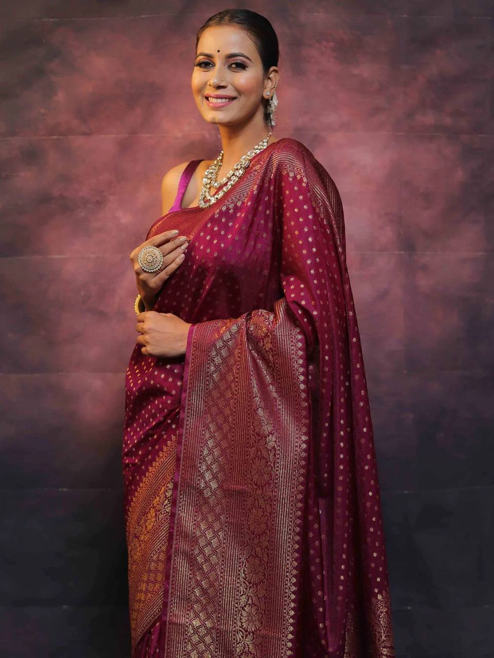 Wine Color Soft Banarasi Silk Saree With jacquard Weaving