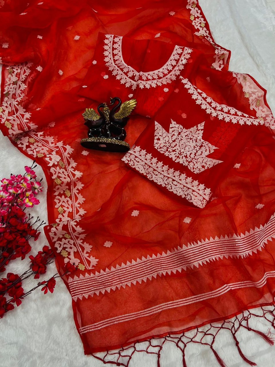 Red Color Organza Fabric Embroidery Work Saree