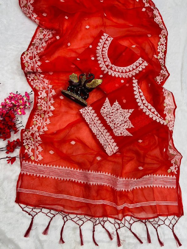 Red Color Organza Fabric Embroidery Work Saree