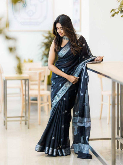 Black Color Linen Soft Cotton Fabric Saree