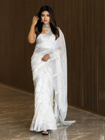 White Color Linen Soft Cotton Fabric Saree